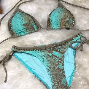 Vix Snakeskin Print Bikini, Turquoise, S
